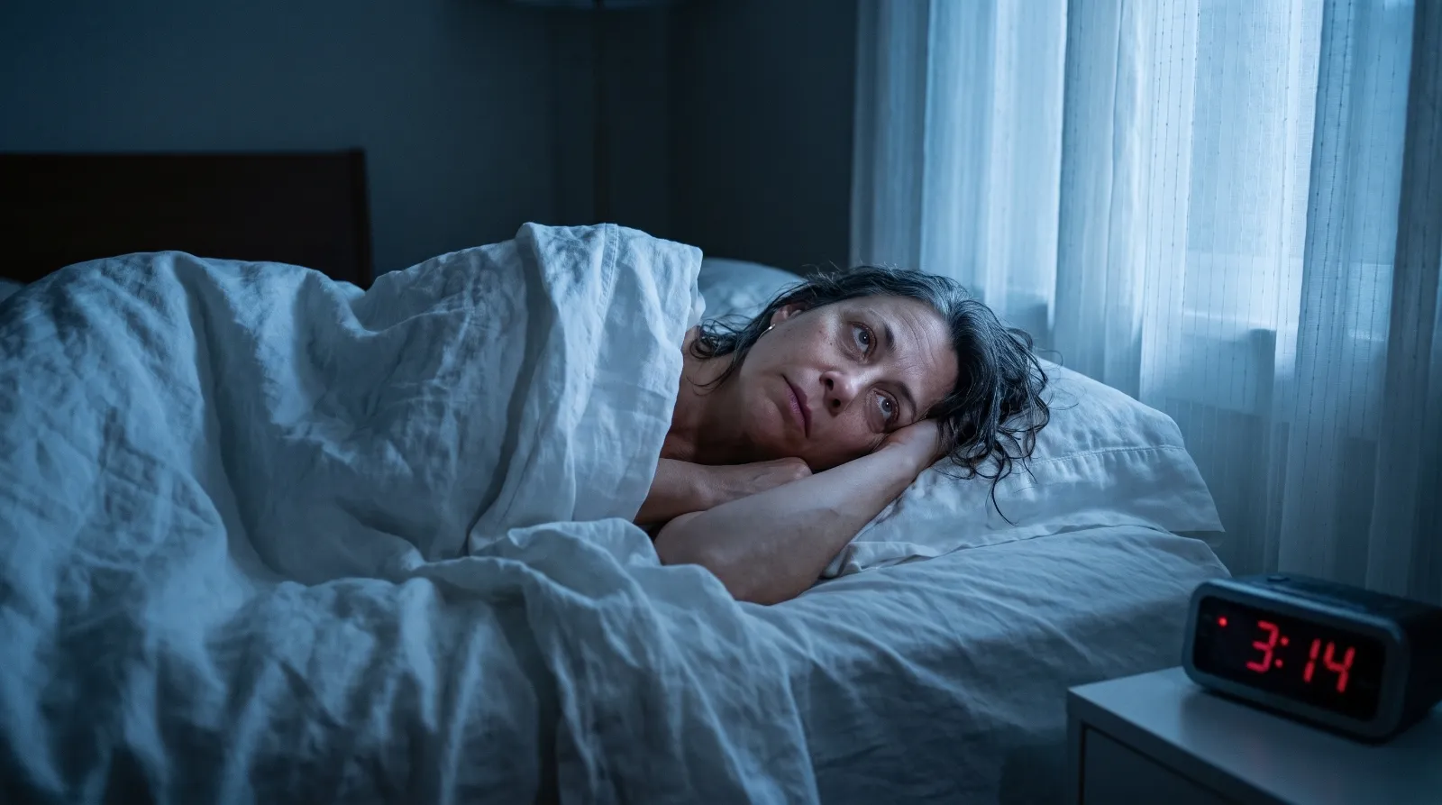 A woman lying awake in bed, the clock on the nightstand reading 3:14