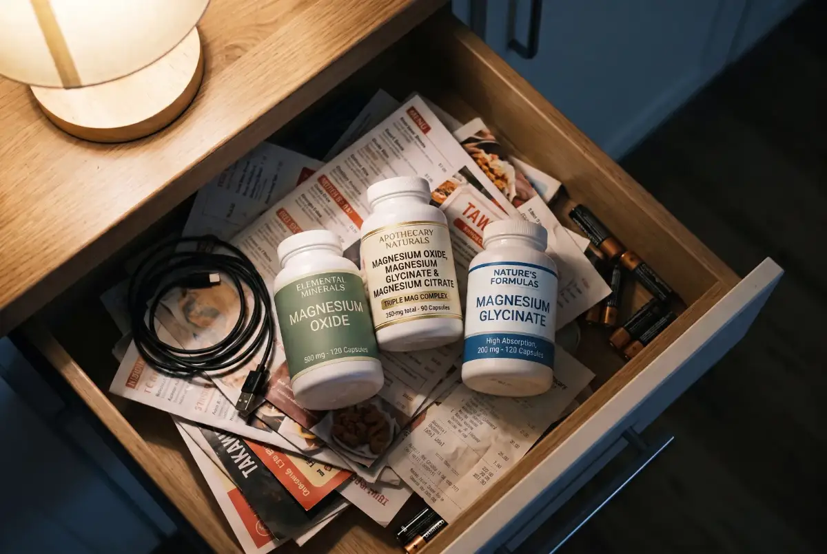 An open nightstand drawer with three half-used magnesium bottles among receipts, cables and batteries