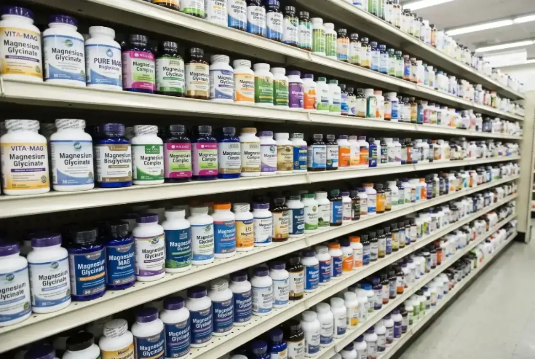 A drugstore aisle filled with rows of magnesium glycinate and magnesium complex bottles