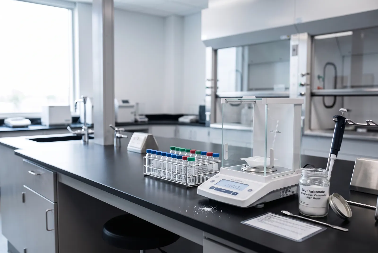 An analytical balance weighing magnesium carbonate on a laboratory bench