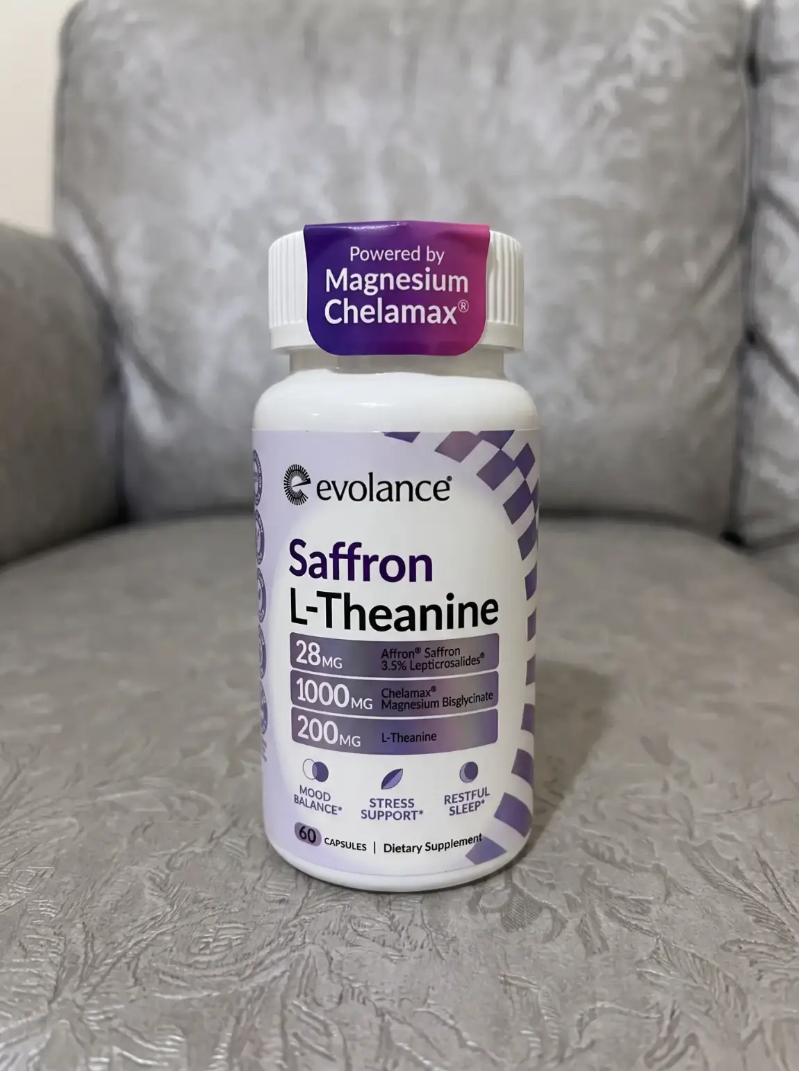 The Evolance Calm+Rest bottle — Saffron L-Theanine with 1,000 mg Chelamax magnesium bisglycinate